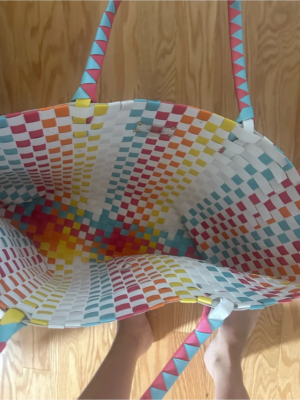 kate spade Multicolor Woven Checker Tote - White, Pink, Yellow, Blue, Orange